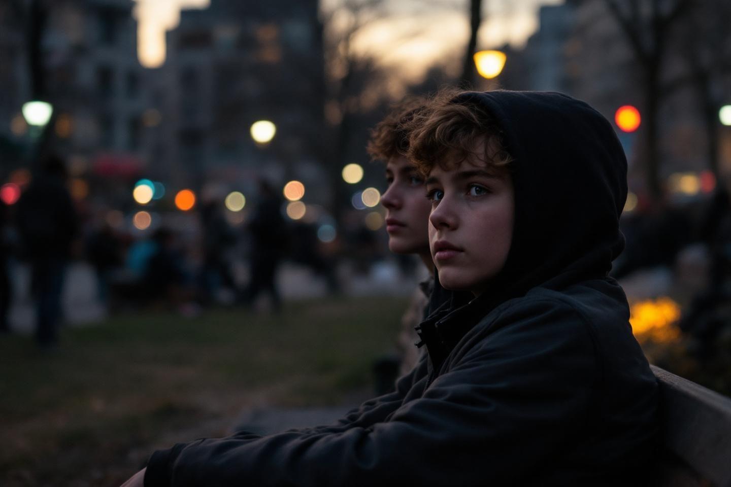 Deux jeunes à capuche regardant ailleurs dans un décor urbain