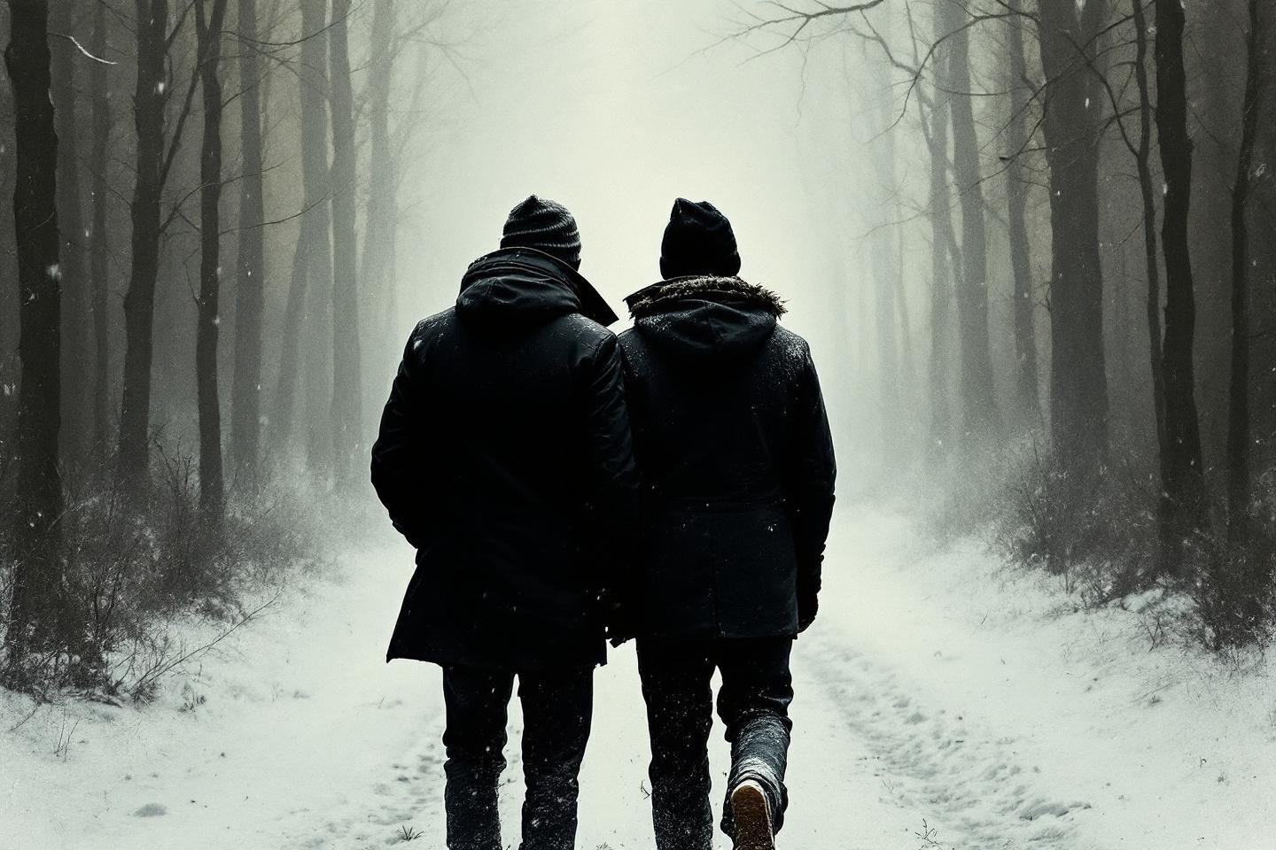 Deux personnes enlacées dormant sur un canapé sombre