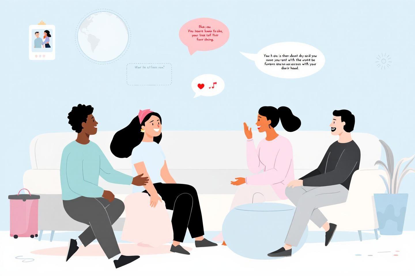 Quatre personnes discutant ensemble dans un salon confortable