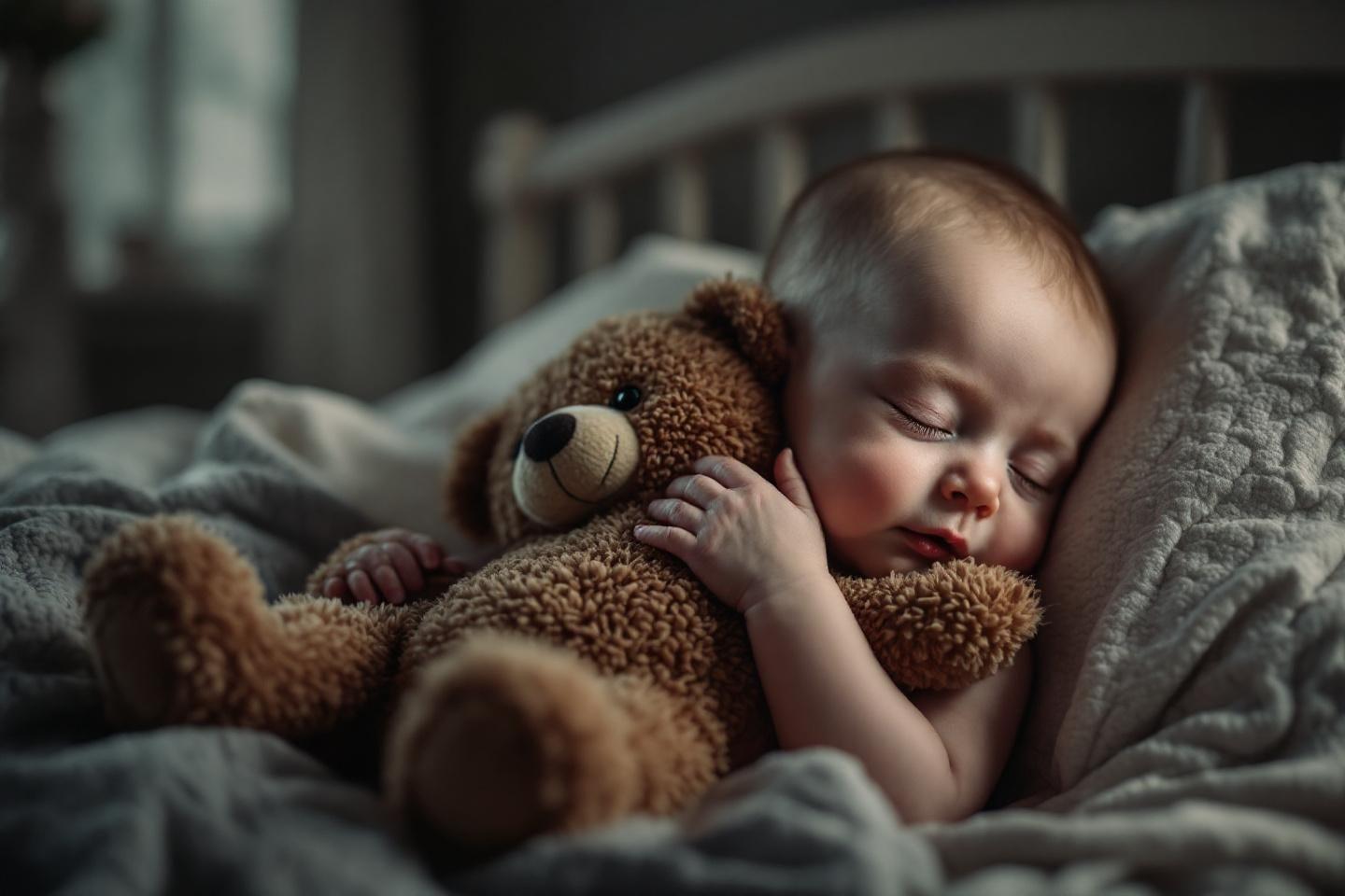 Bébé endormi serrant un ours en peluche brun