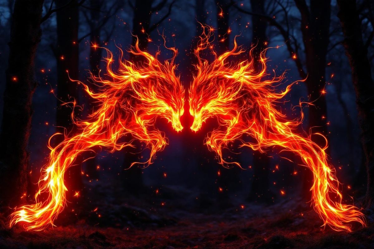 Créature de feu orange et rouge dans un paysage forestier sombre
