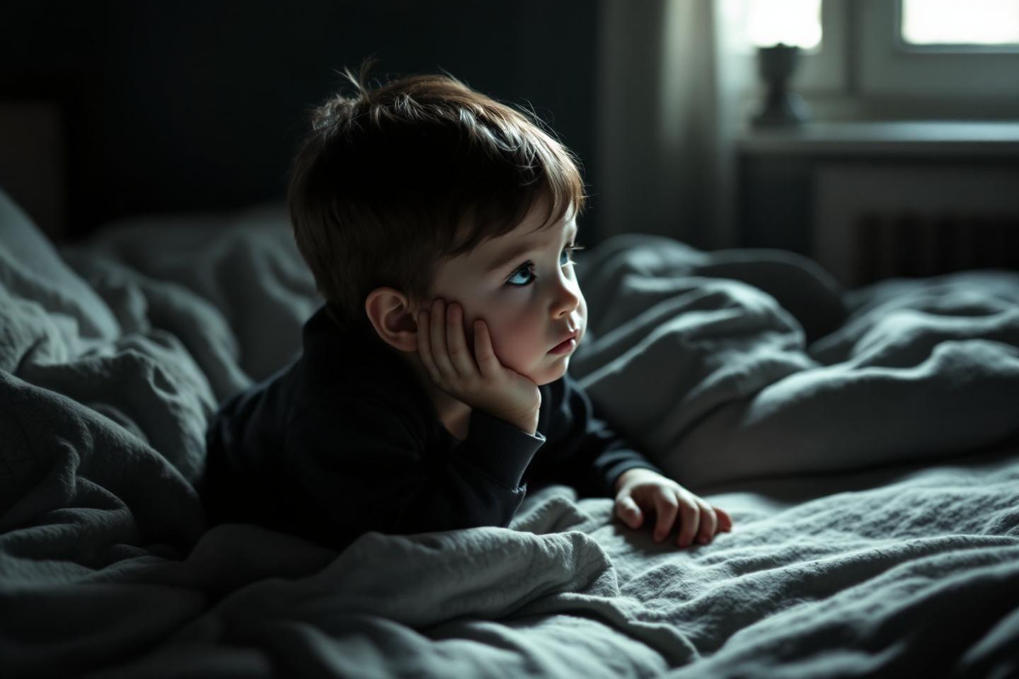 Jeune garçon rêveur allongé sur des draps gris