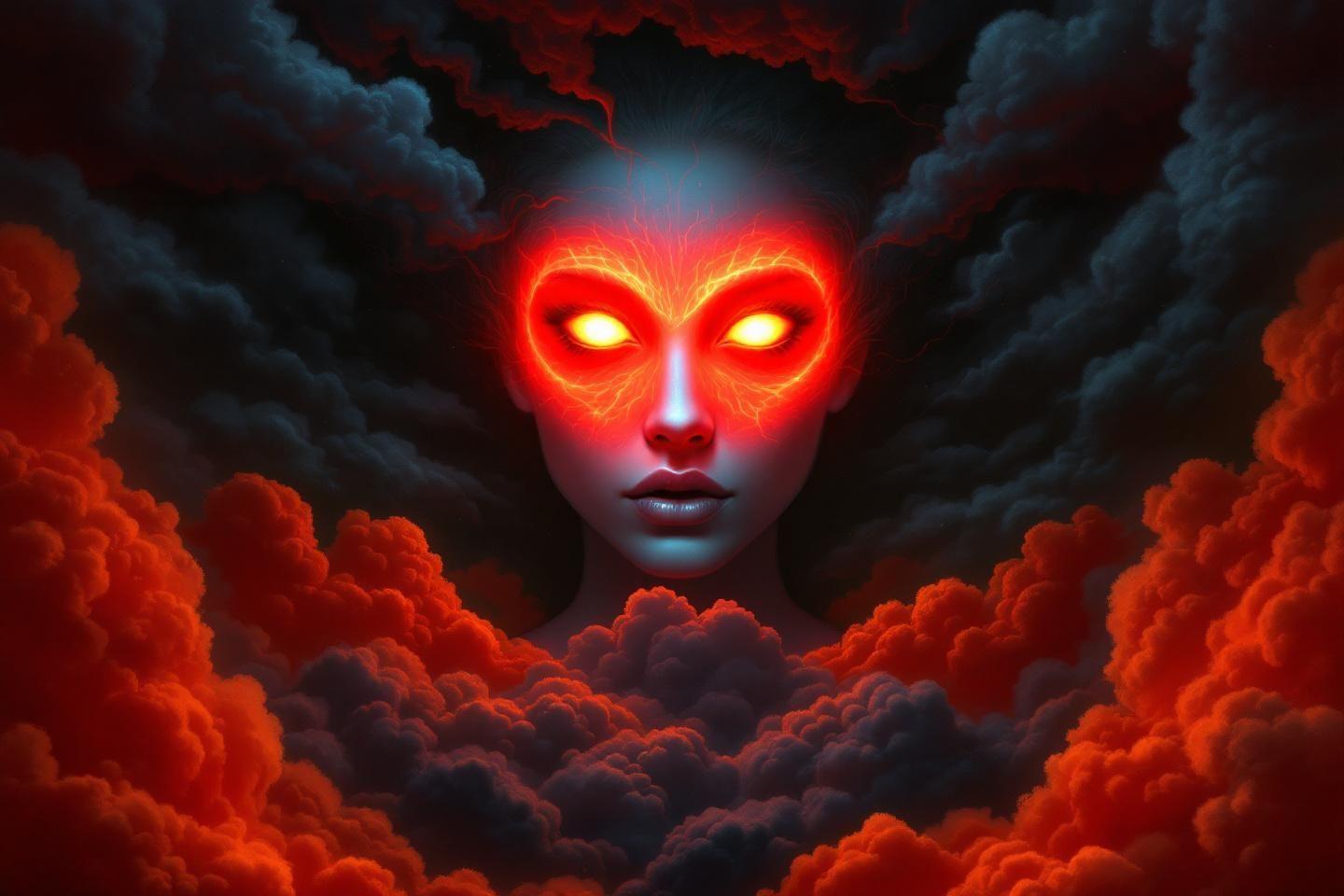Visage mystérieux entouré de nuages rouges et noirs