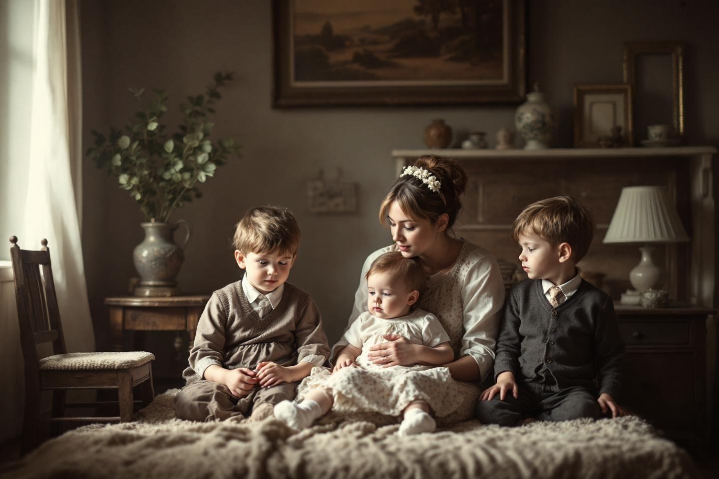 Mère avec trois enfants assis dans une pièce vintage