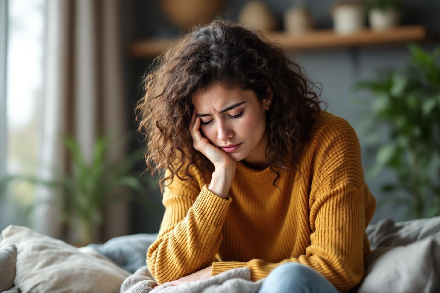 Femme épuisée en pull jaune, main sur le visage