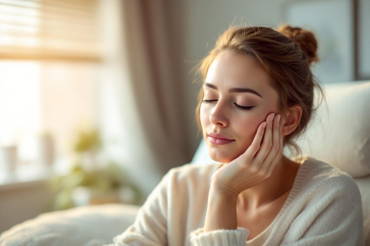 Jeune femme aux yeux fermés, paisible, dans un intérieur lumineux