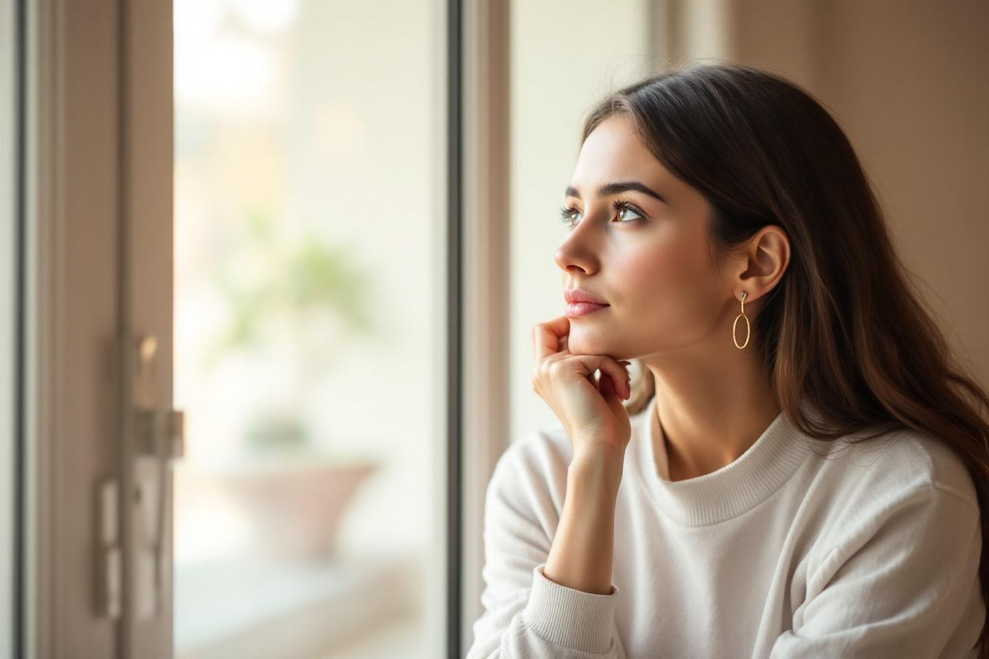 Jeune femme pensive regardant au loin dans la lumière douce