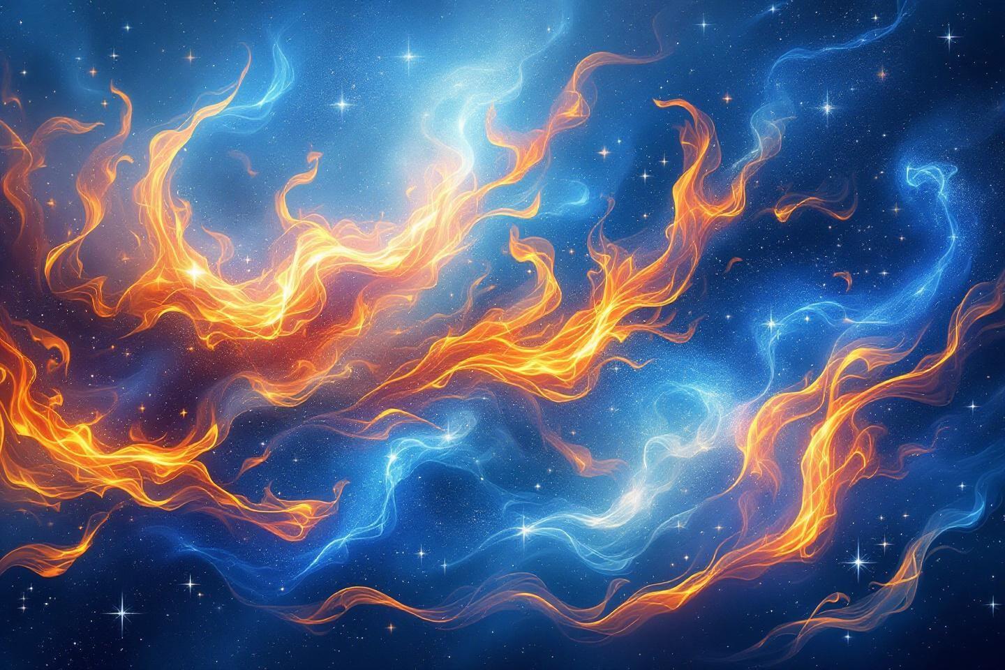 Tourbillons orangés et bleus ondulant parmi les étoiles célestes