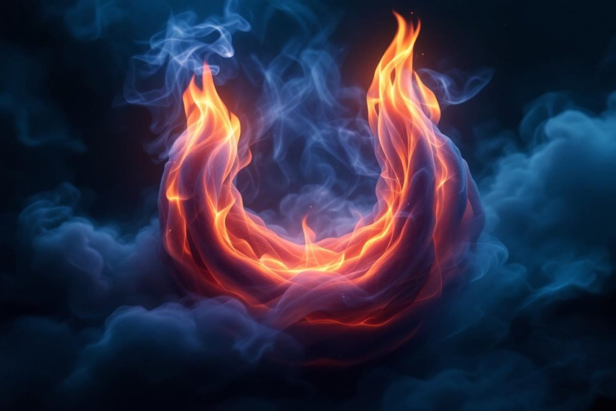 Flammes orangées tourbillonnantes dans un fond de fumée bleue