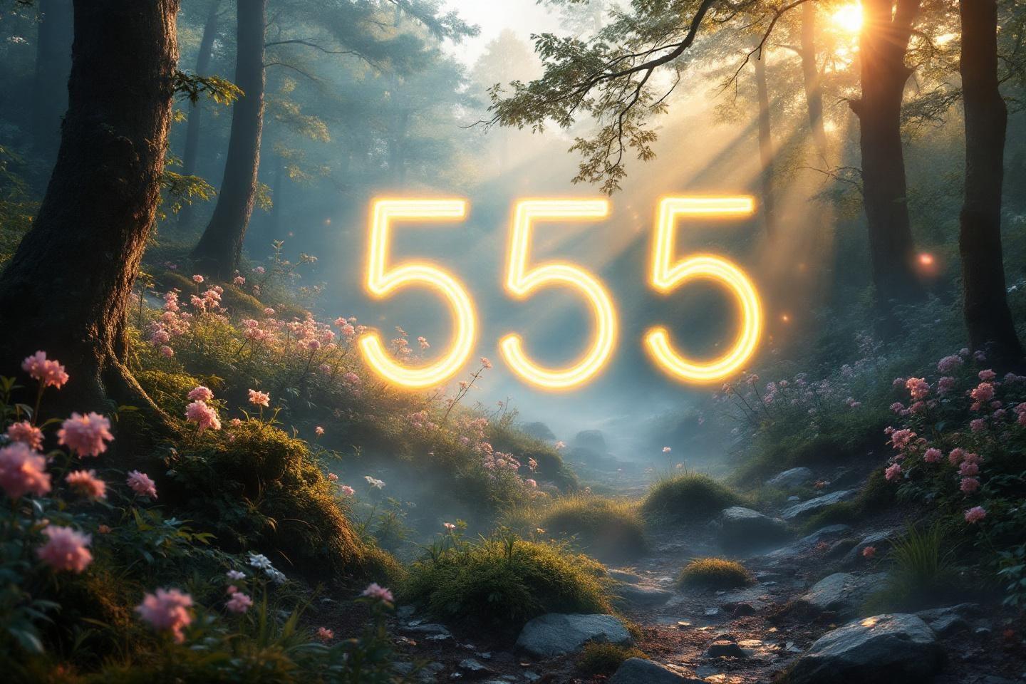 Lumière dorée dans une forêt brumeuse avec le nombre 555