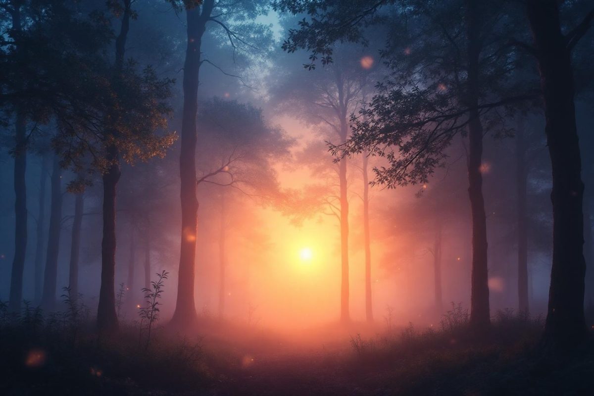 Lumière dorée filtrant à travers des arbres brumeuses