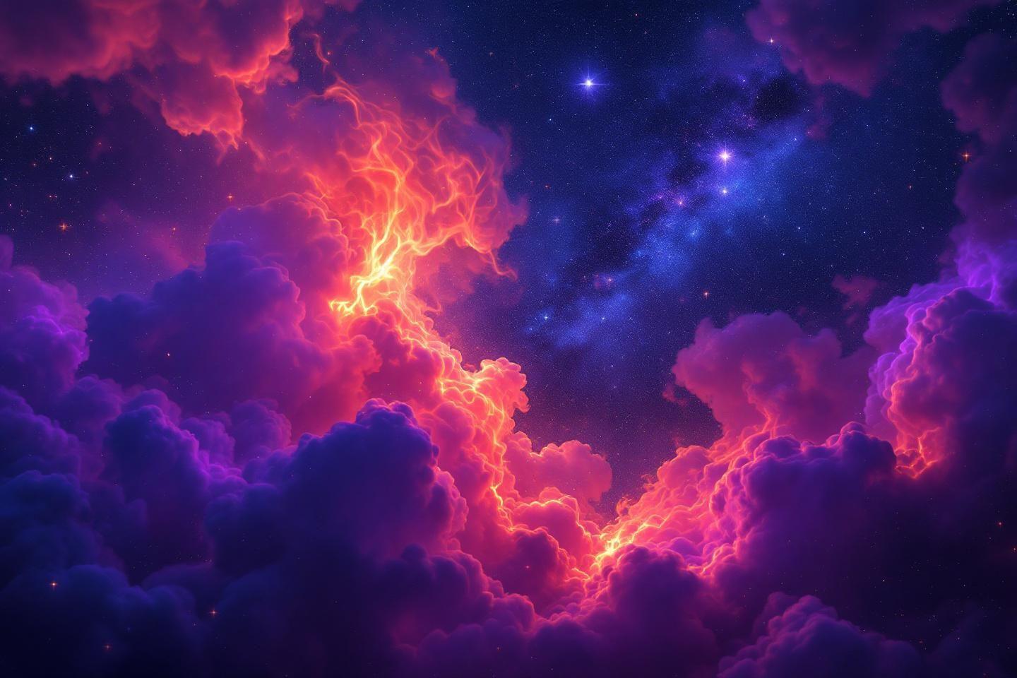 Éclair ardent déchirant des nuages violets et bleus dans l'espace
