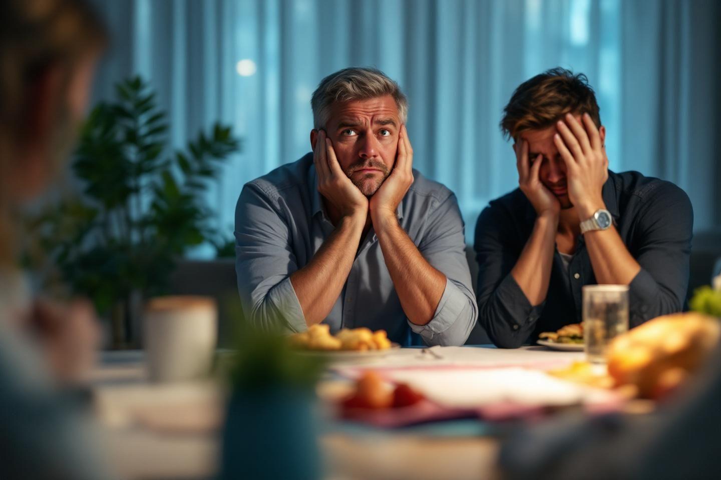 Deux hommes dépités, mains sur le visage, assis à table