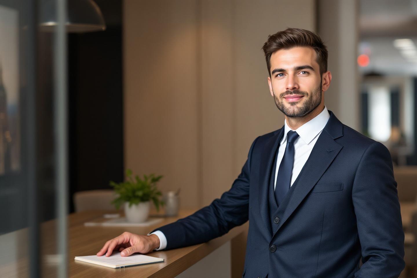Homme d'affaires en costume sombre souriant dans un environnement professionnel