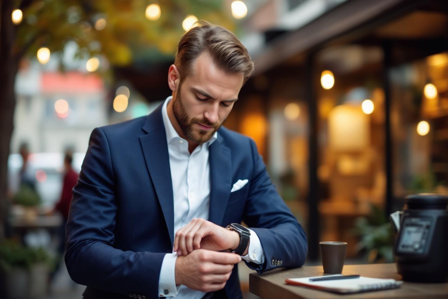 Homme d'affaires vérifiant l'heure dans un café branché