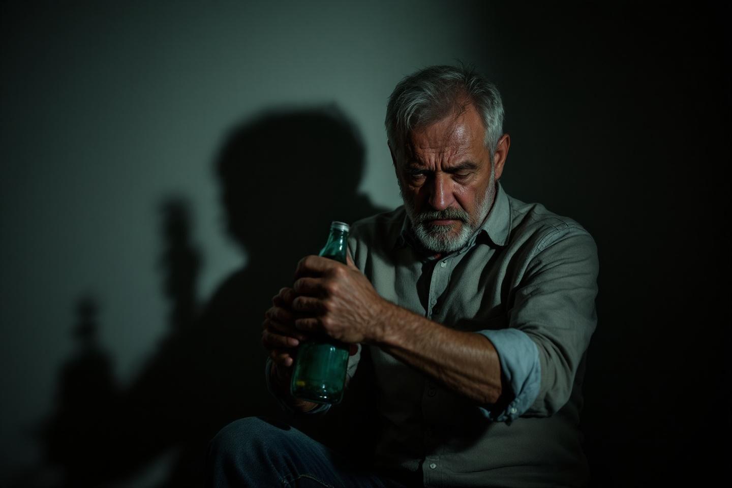 Vieil homme triste tenant une bouteille dans l'obscurité