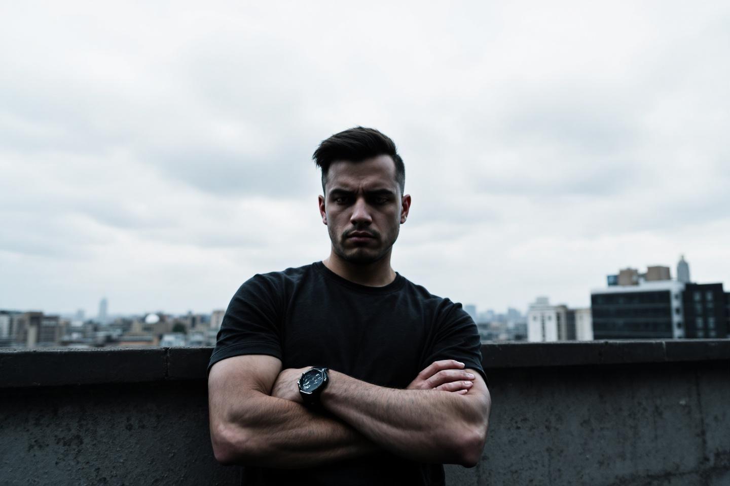 Homme en noir, bras croisés, regard intense, ville en arrière-plan