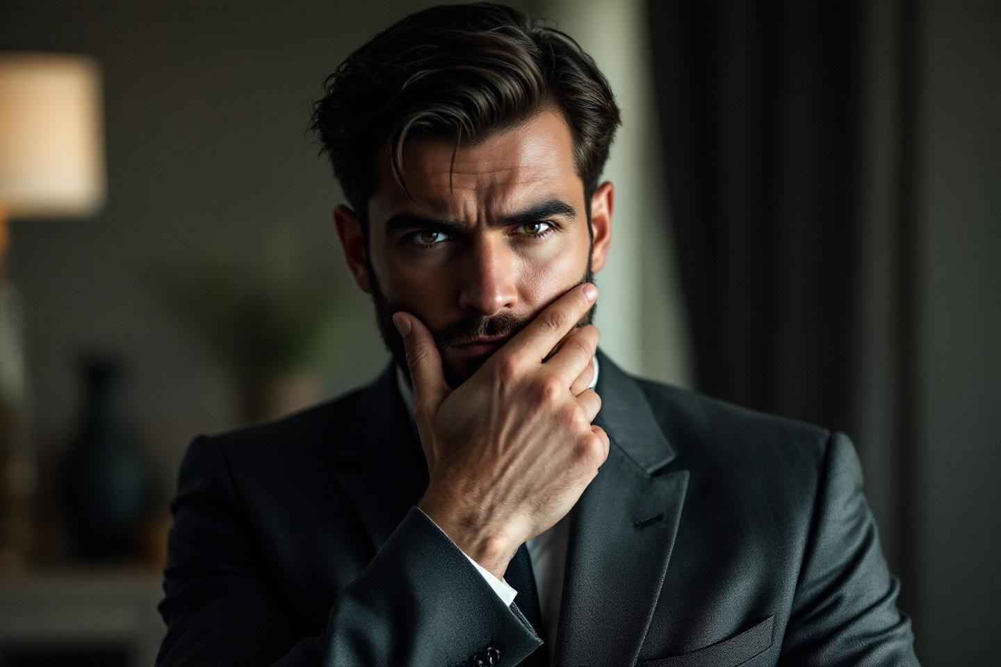 Portrait d'un homme d'affaires méditatif, main sur le menton