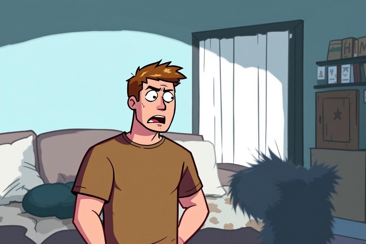 Personnage de dessin animé avec une expression confuse près d'un lit