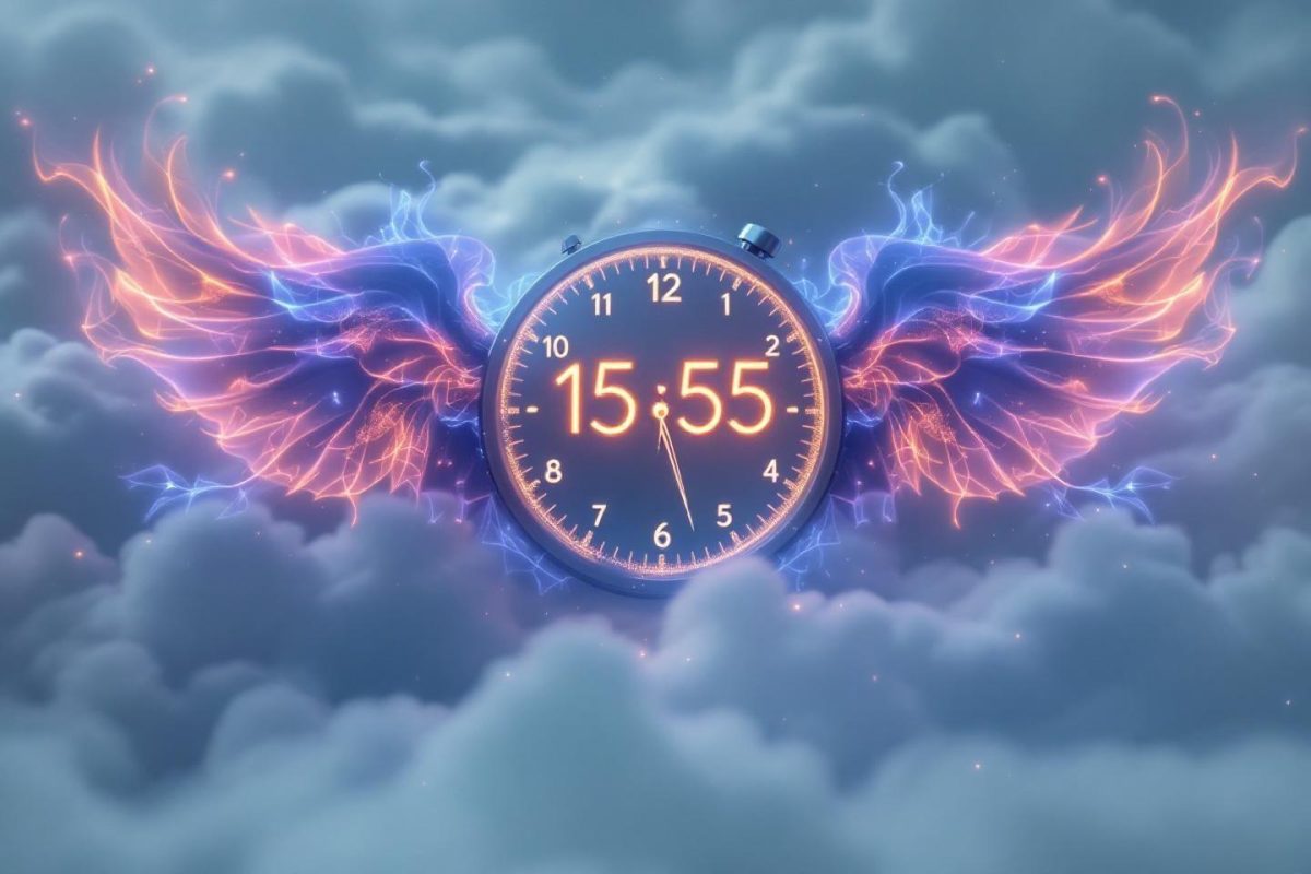 Horloge fantastique avec ailes de feu flottant dans un ciel nuageux