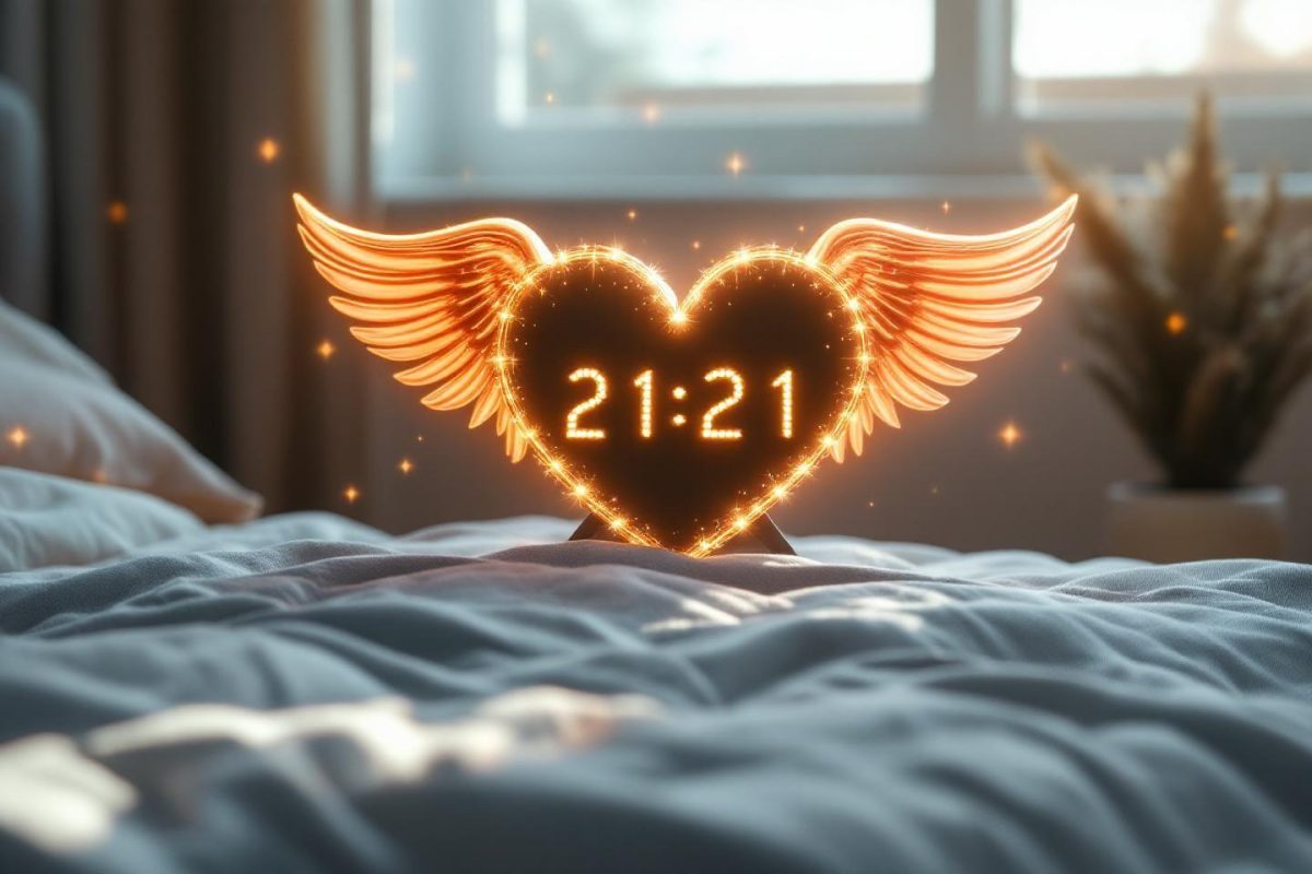 Cœur lumineux avec ailes affichant 21:21 sur un lit