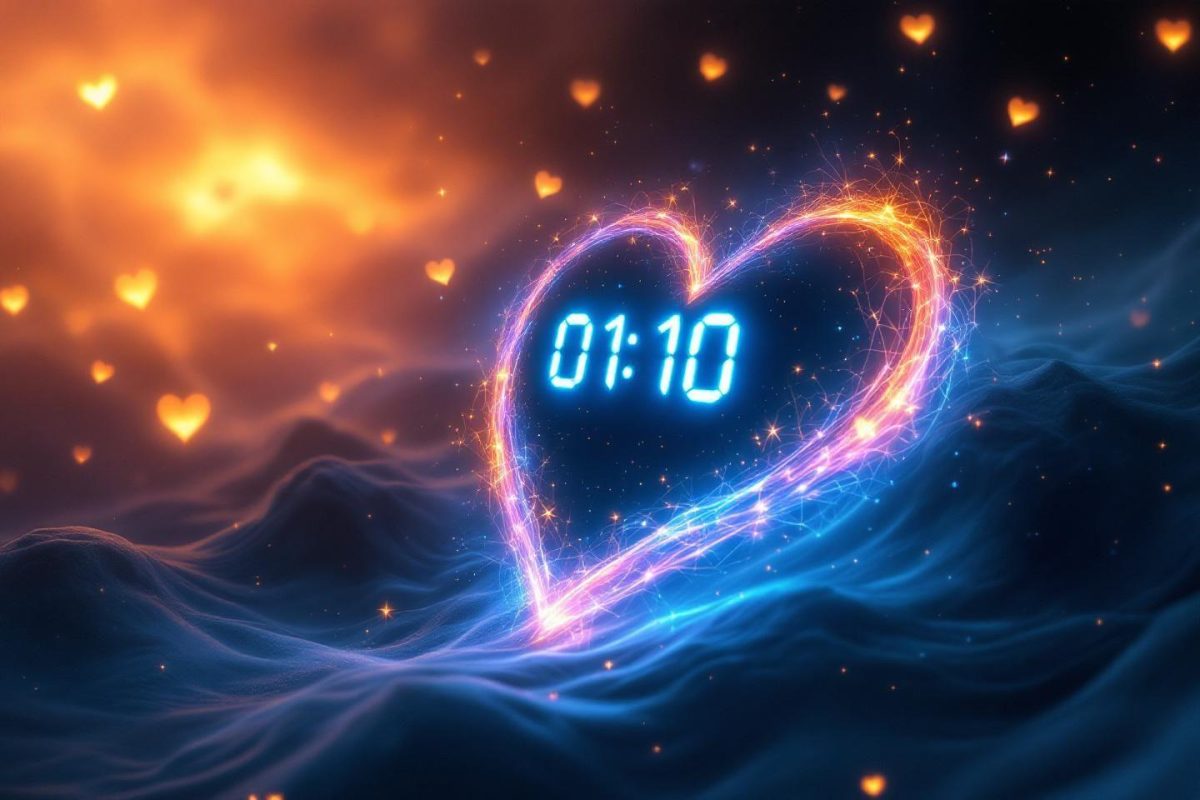 Horloge numérique brillante dans un cœur cosmique étoilé
