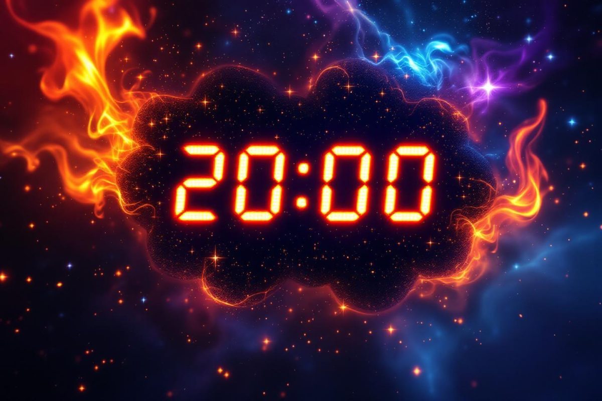 Horloge numérique entourée de flammes et d'étoiles cosmiques