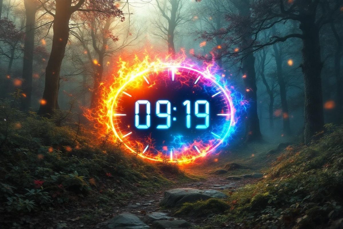 Horloge numérique entourée de feu et de lumière bleue