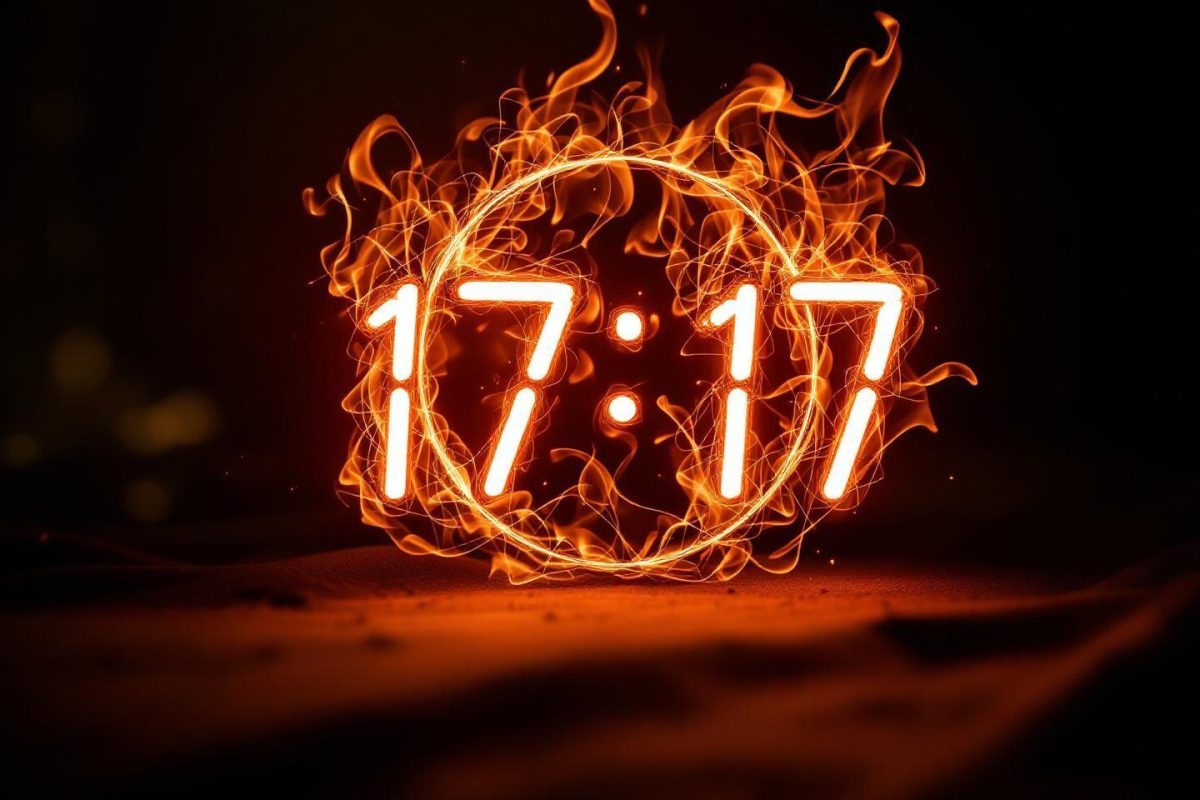 Chiffres numériques de l'heure 17:17 entourés de flammes orangées