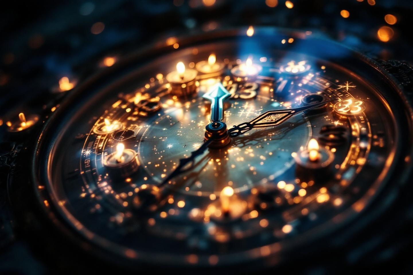 Gros plan d'une horloge brillante avec des lumières étincelantes