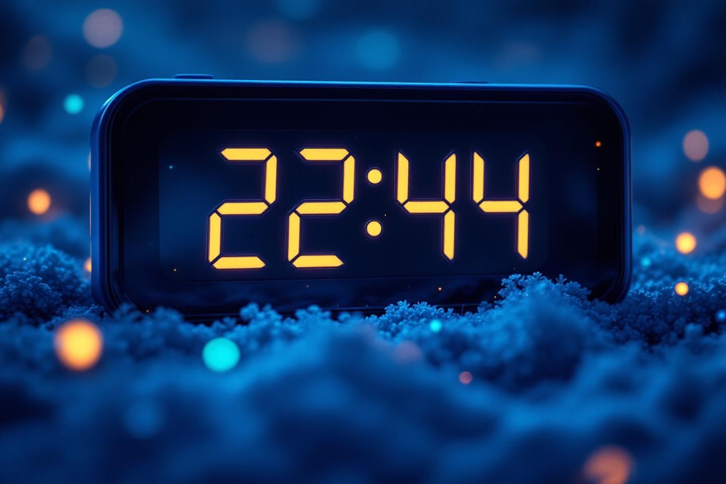 Affichage digital montrant 22:44 sur fond bleu givré