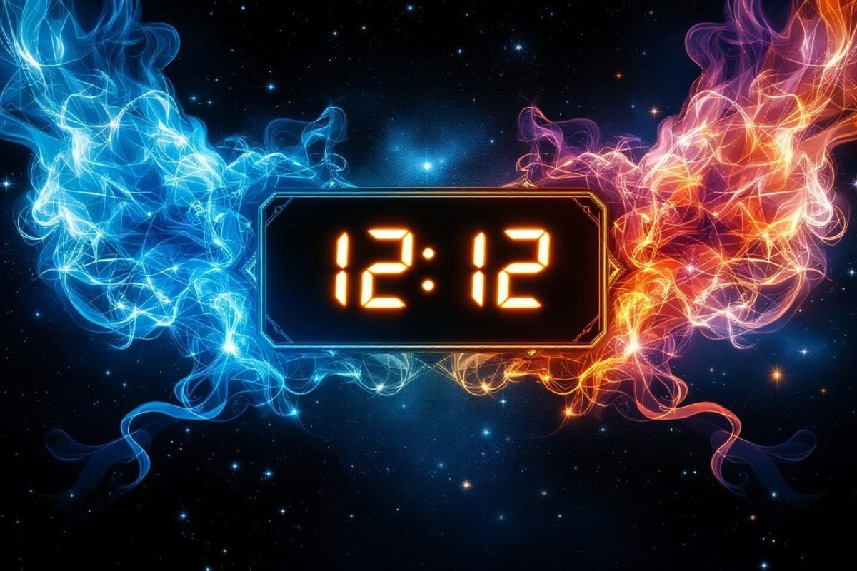 Horloge digitale entourée de flammes bleues et orangées dans l'espace