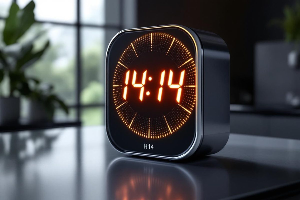 Horloge digitale affichant 14h14 avec fond noir brillant