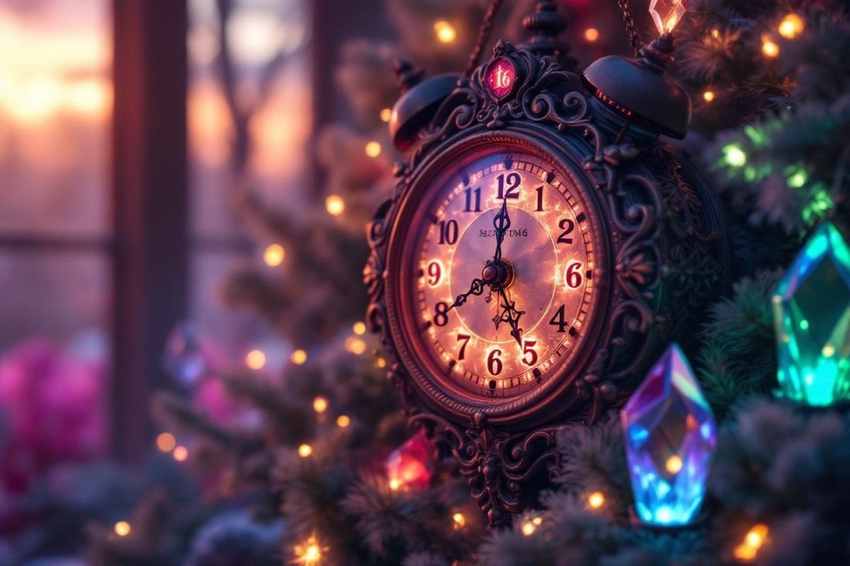 Horloge antique élaborée au milieu de décorations lumineuses colorées