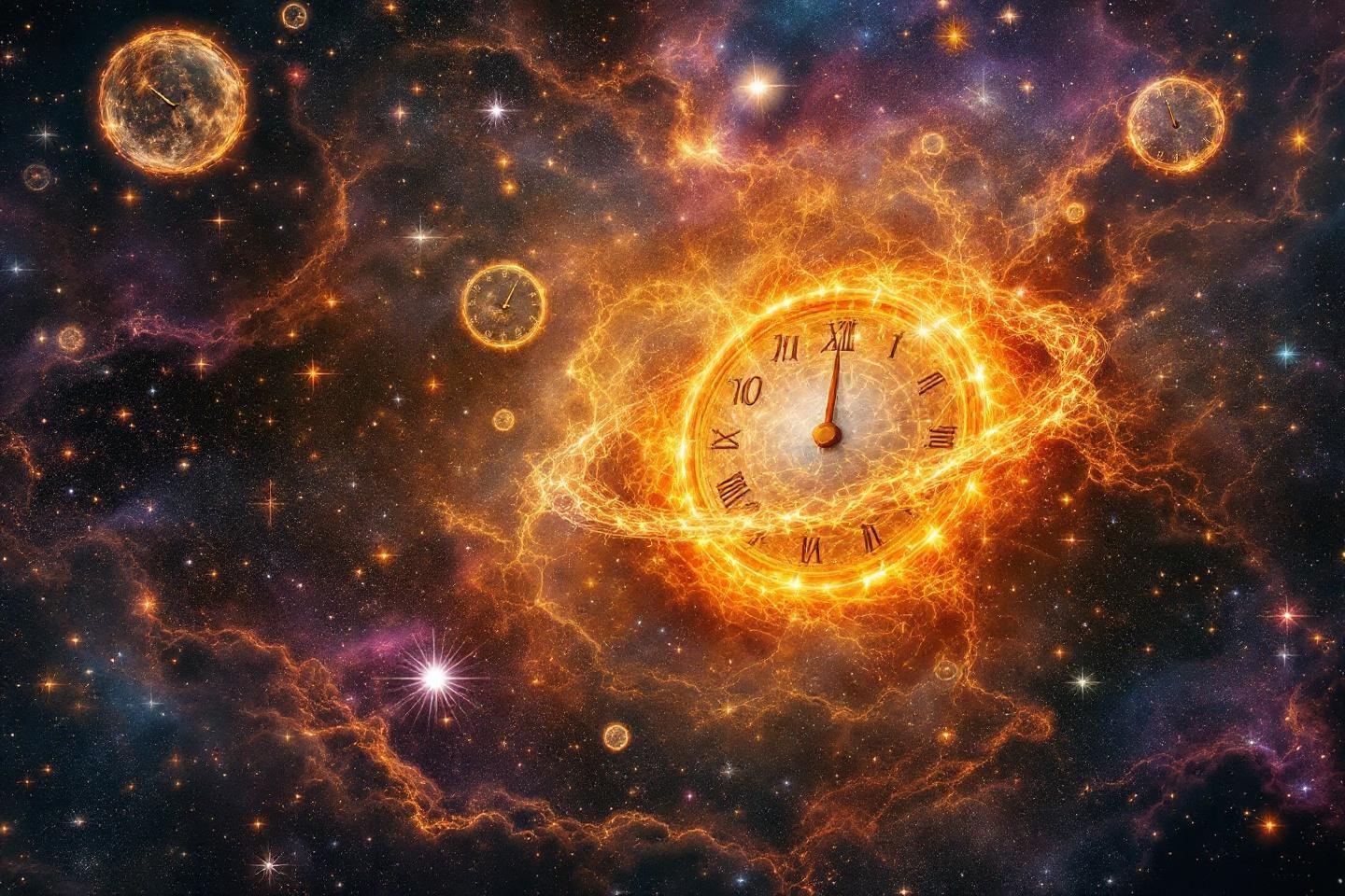 Cadrans déformés en spirales de feu dans un espace étoilé