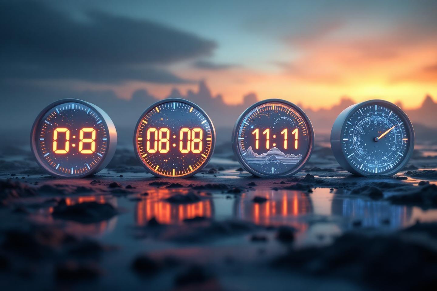 Quatre horloges numériques sur un rivage rocheux au coucher du soleil