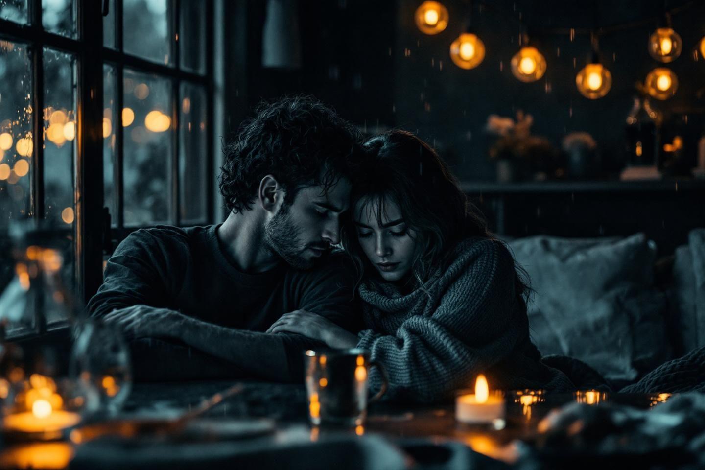 Couple proche dans un café sombre et chaleureux
