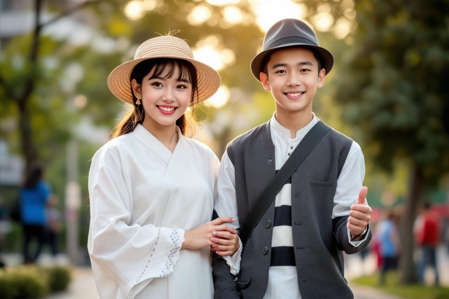 Deux jeunes asiatiques posant ensemble, souriant dans un parc