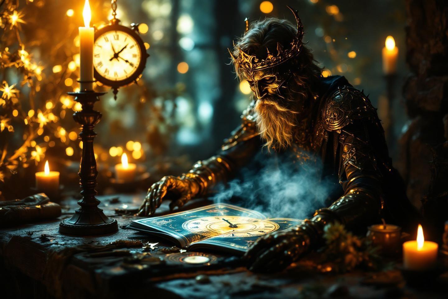 Vieux roi couronné près d'une horloge magique avec bougies