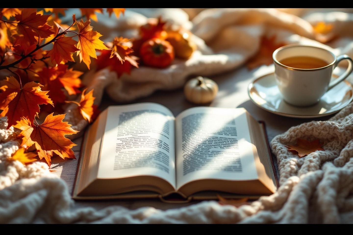 Livre ouvert, feuilles d'automne, café et couverture douillette