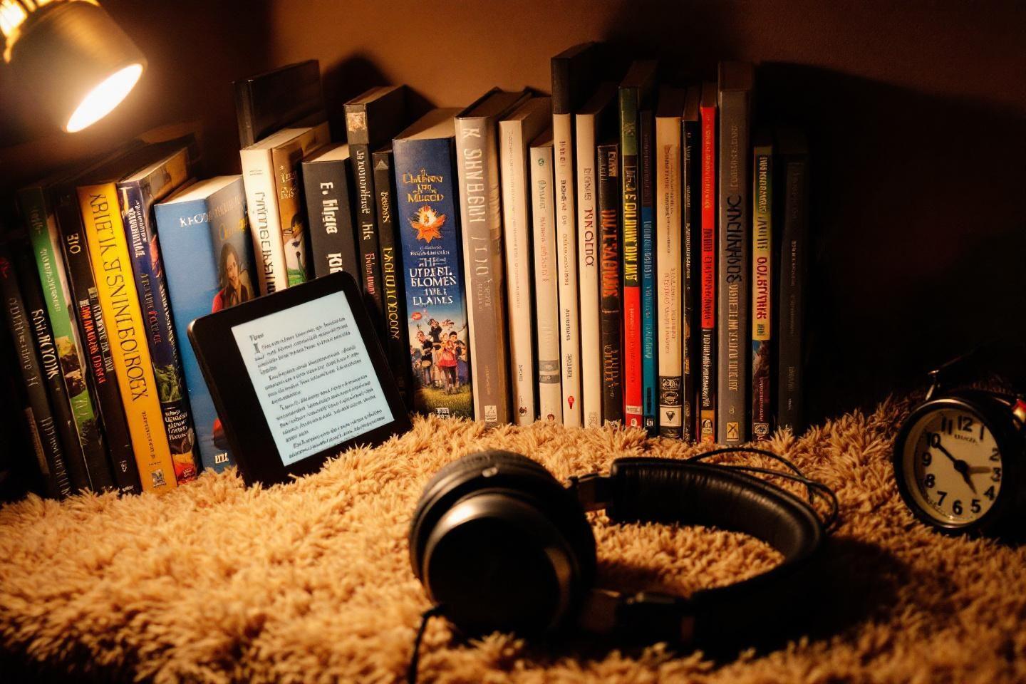 Livres, liseuse numérique et casque audio sur un tapis moelleux