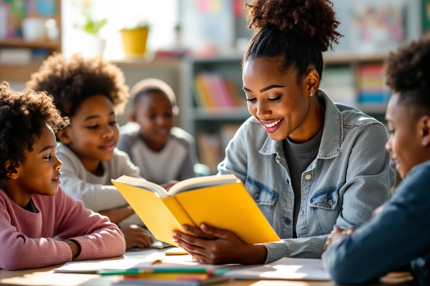 Enseignante lisant un livre à des élèves attentifs