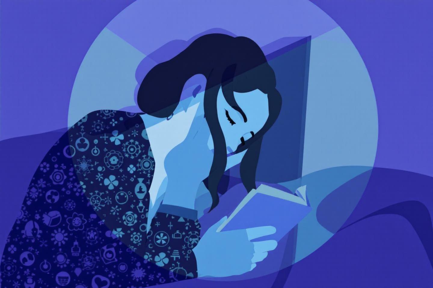 Silhouette lisant un livre dans des tons bleus