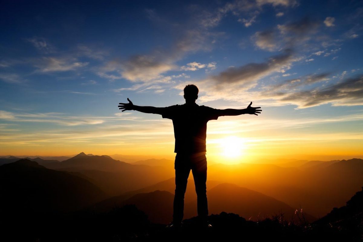 Silhouette au sommet, bras écartés face au lever de soleil