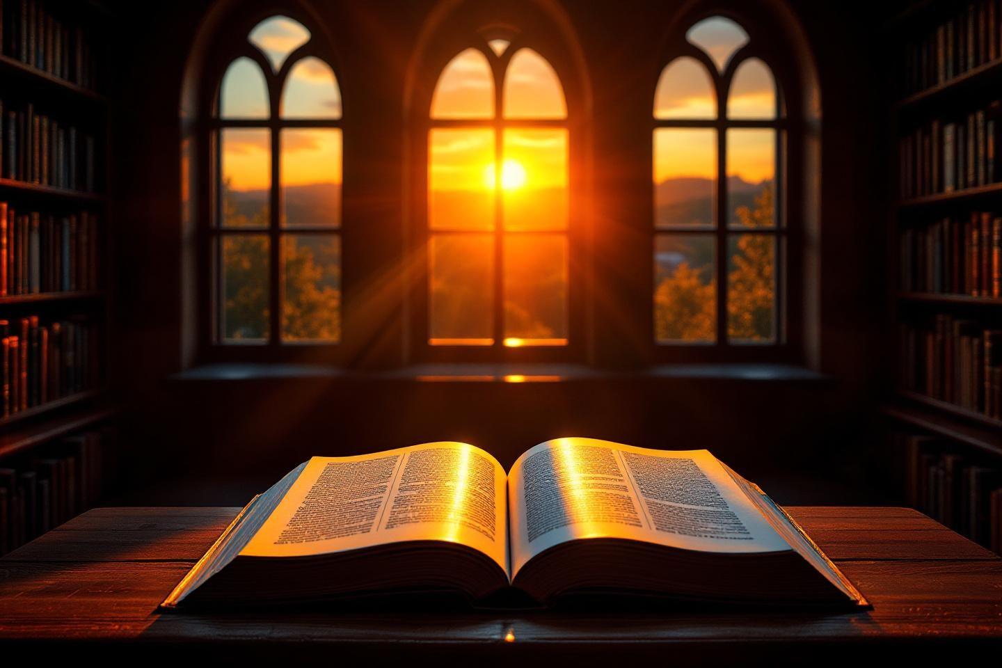 Livre ouvert sur une table près de fenêtres gothiques illuminées