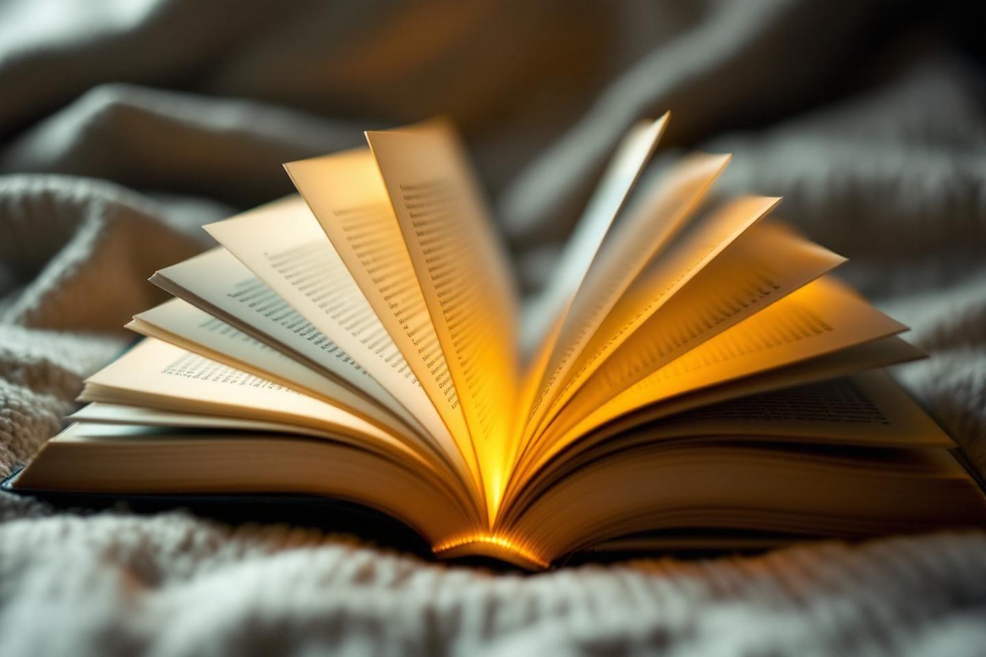 Pages de livre éventées, baignées de lumière dorée