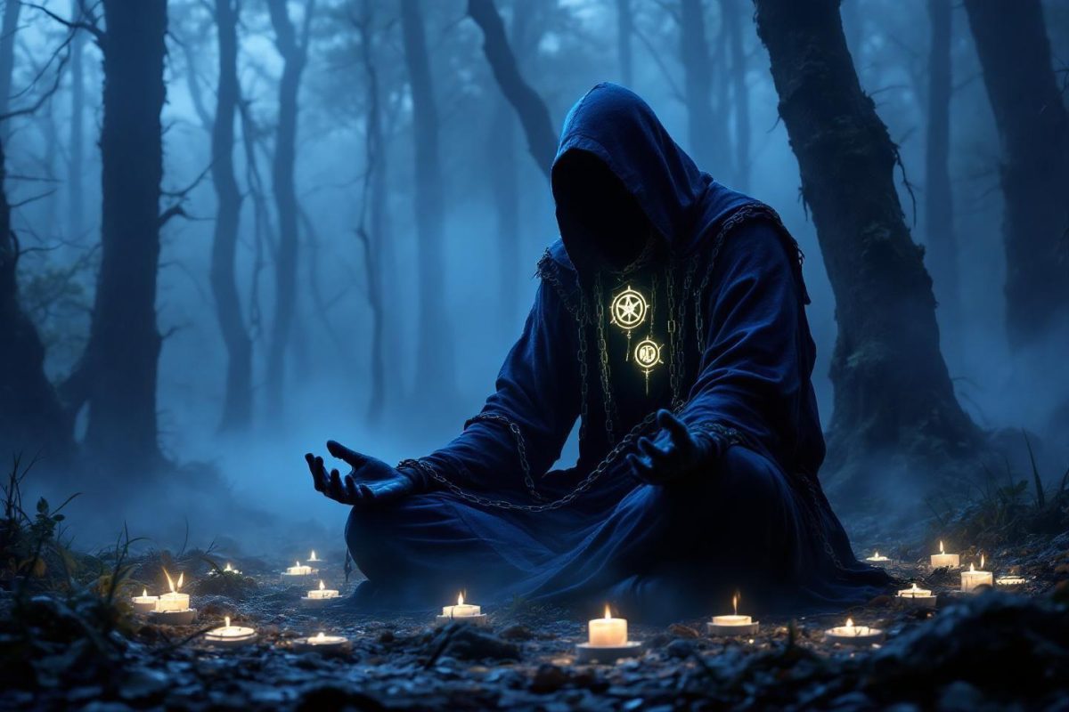 Silhouette encapuchonnée médite entourée de bougies dans une forêt brumeuse