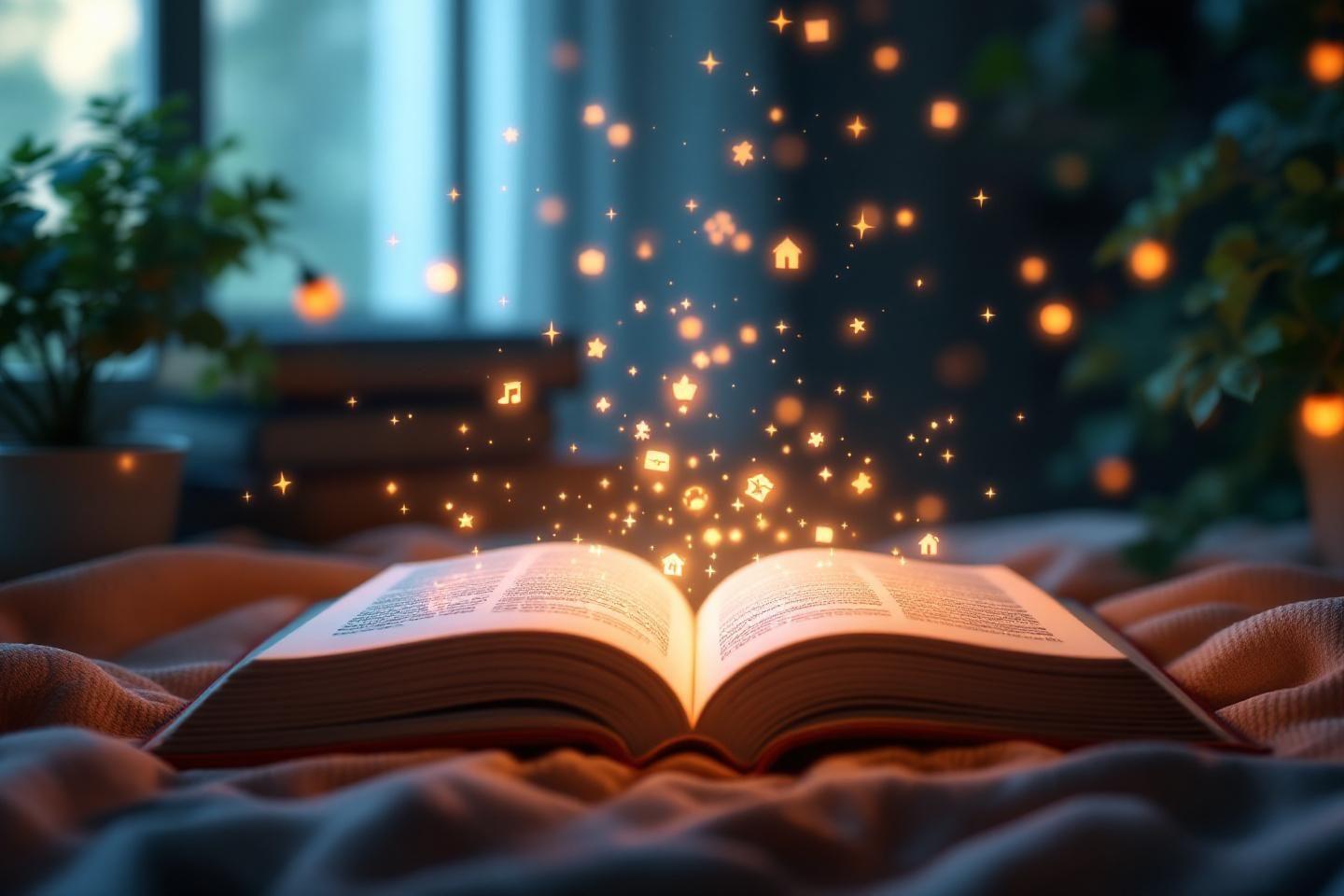 Livre ouvert libérant des étoiles magiques lumineuses