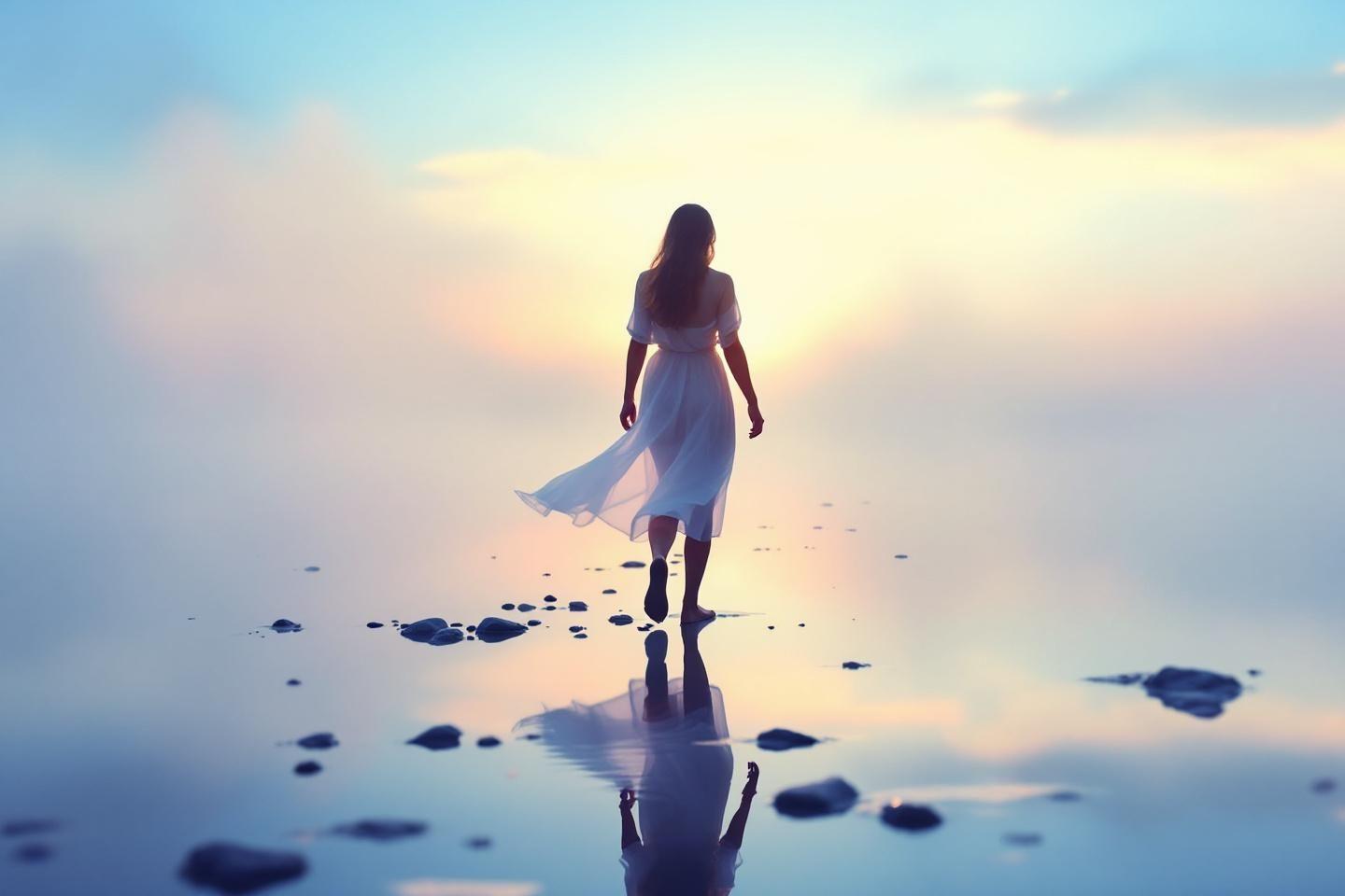 Femme en robe blanche marchant sur des pierres près de l'eau