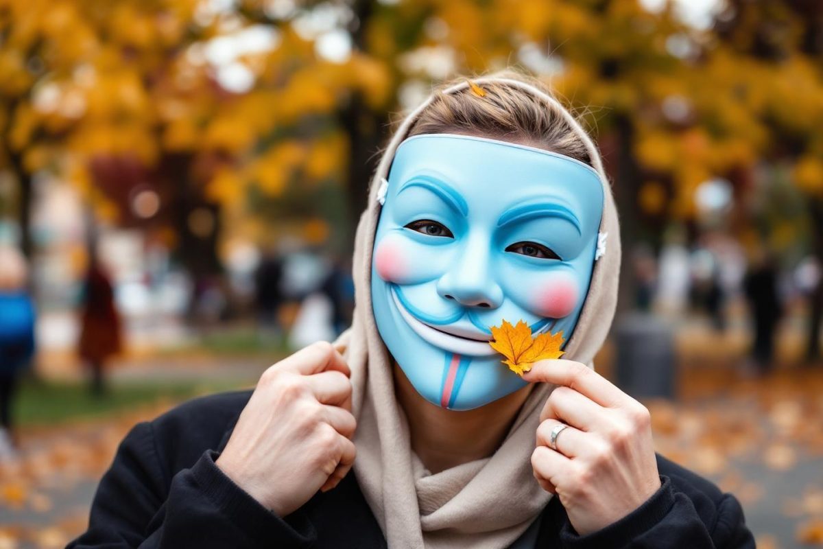 Masque bleu souriant avec feuille d'automne jaune